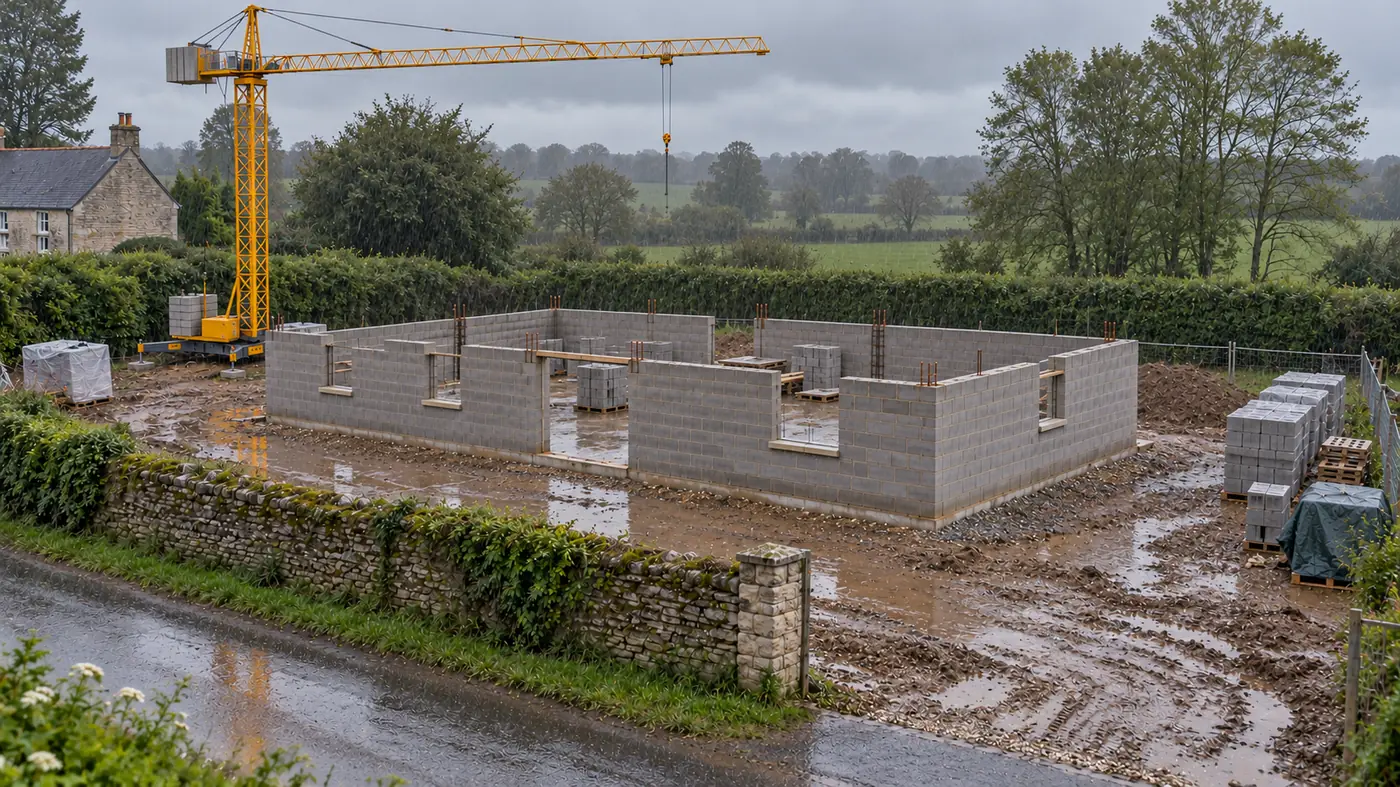 Murs en agglos sous la pluie, chantier détrempé