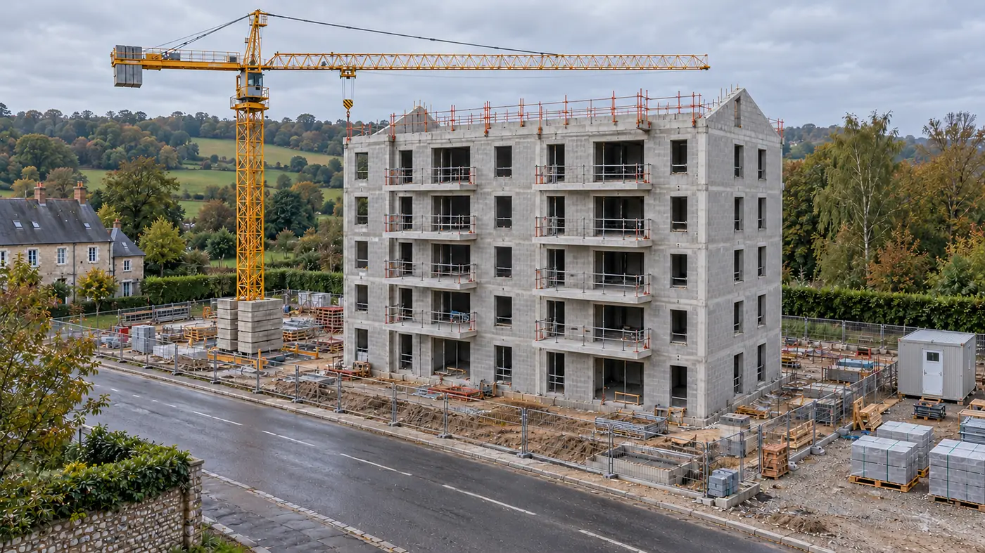 Vue drone d'un immeuble R+4 en gros œuvre avec sa grue